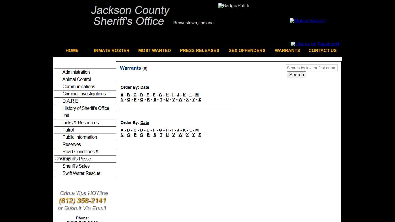 Warrants - Warrant Date - Descending - Jackson County IN Sheriff
